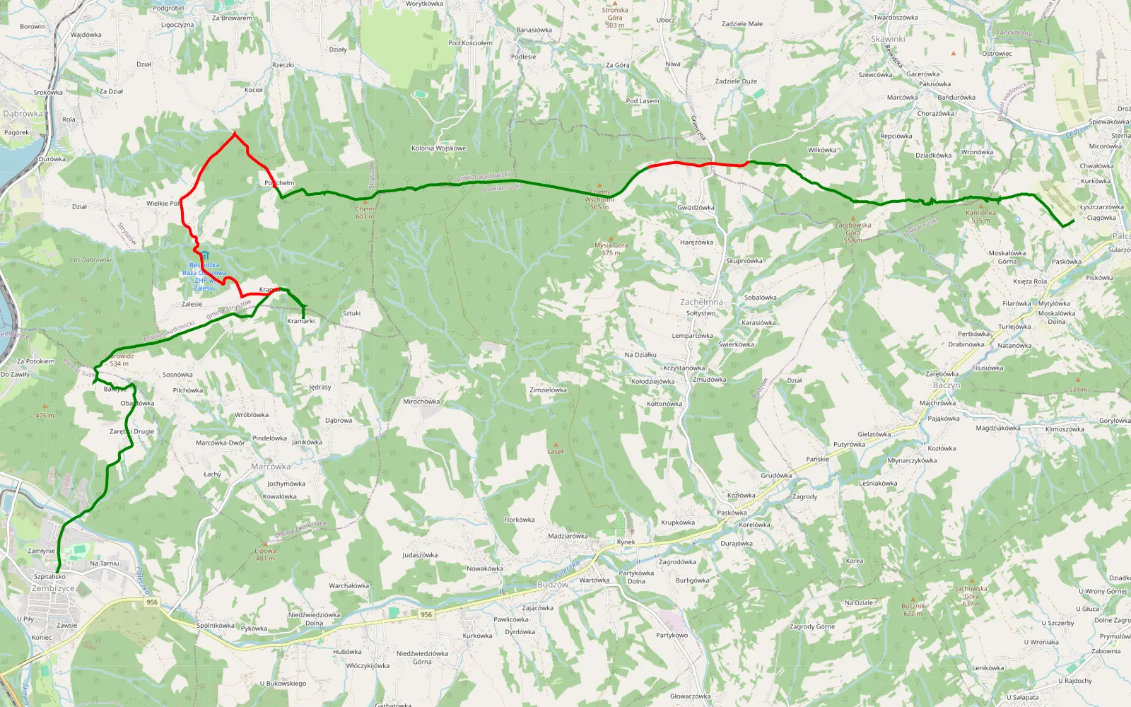 Mapa trasy Zembrzyce - Palcza - 15.2 km trasy offroad, Powiat Wadowicki