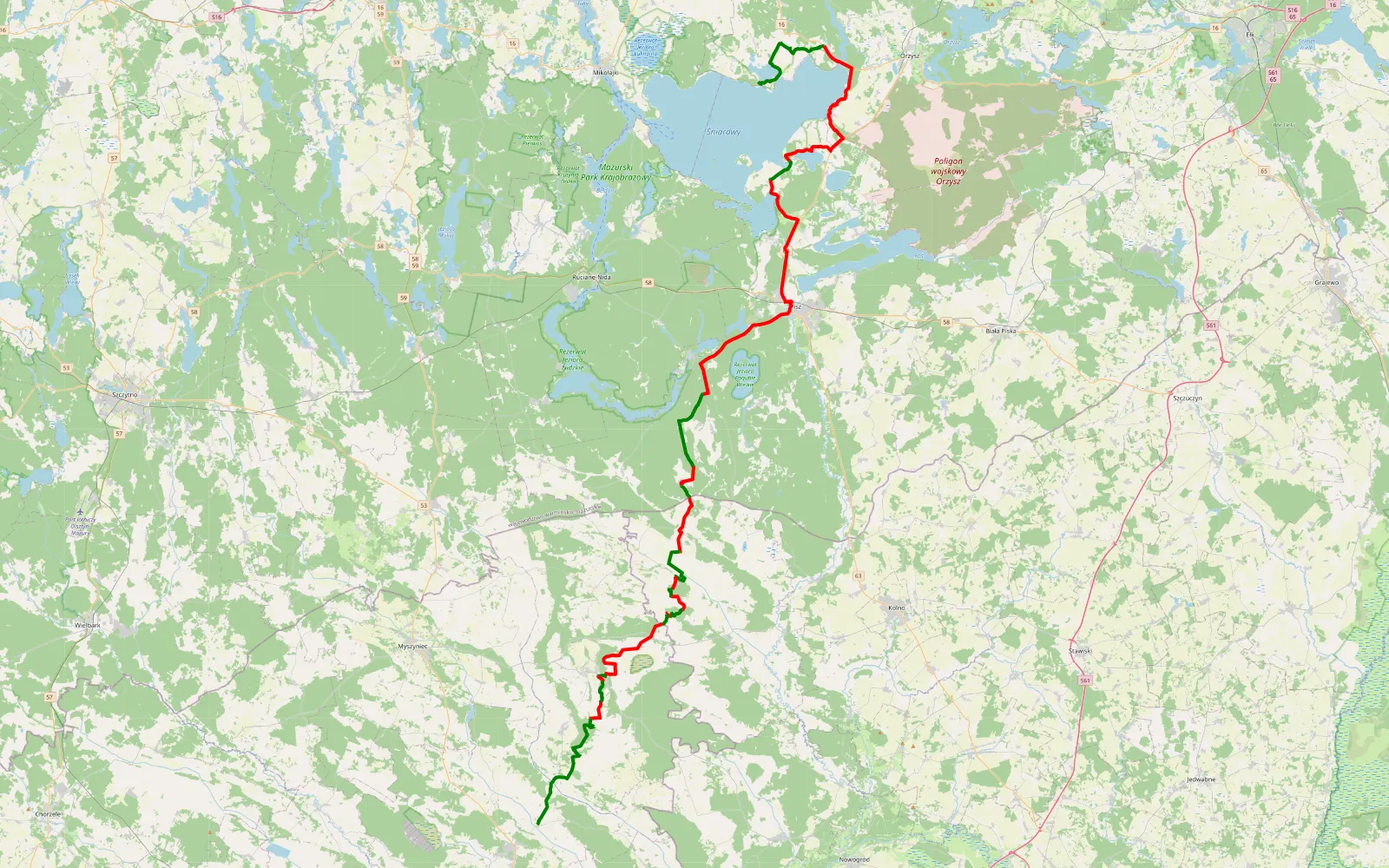 Mapa trasy Dziubiele- w stronę Warszawy - 96.5 km trasy offroad, Powiat Piski