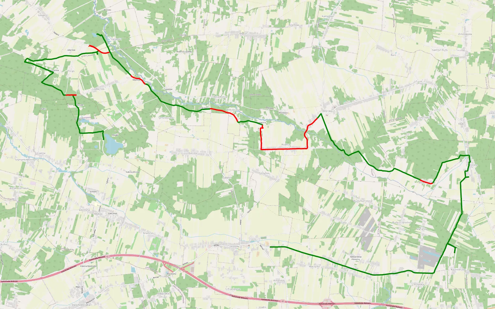 Mapa trasy Jakubów - Ludwinów - 25.4 km trasy offroad, Powiat Miński