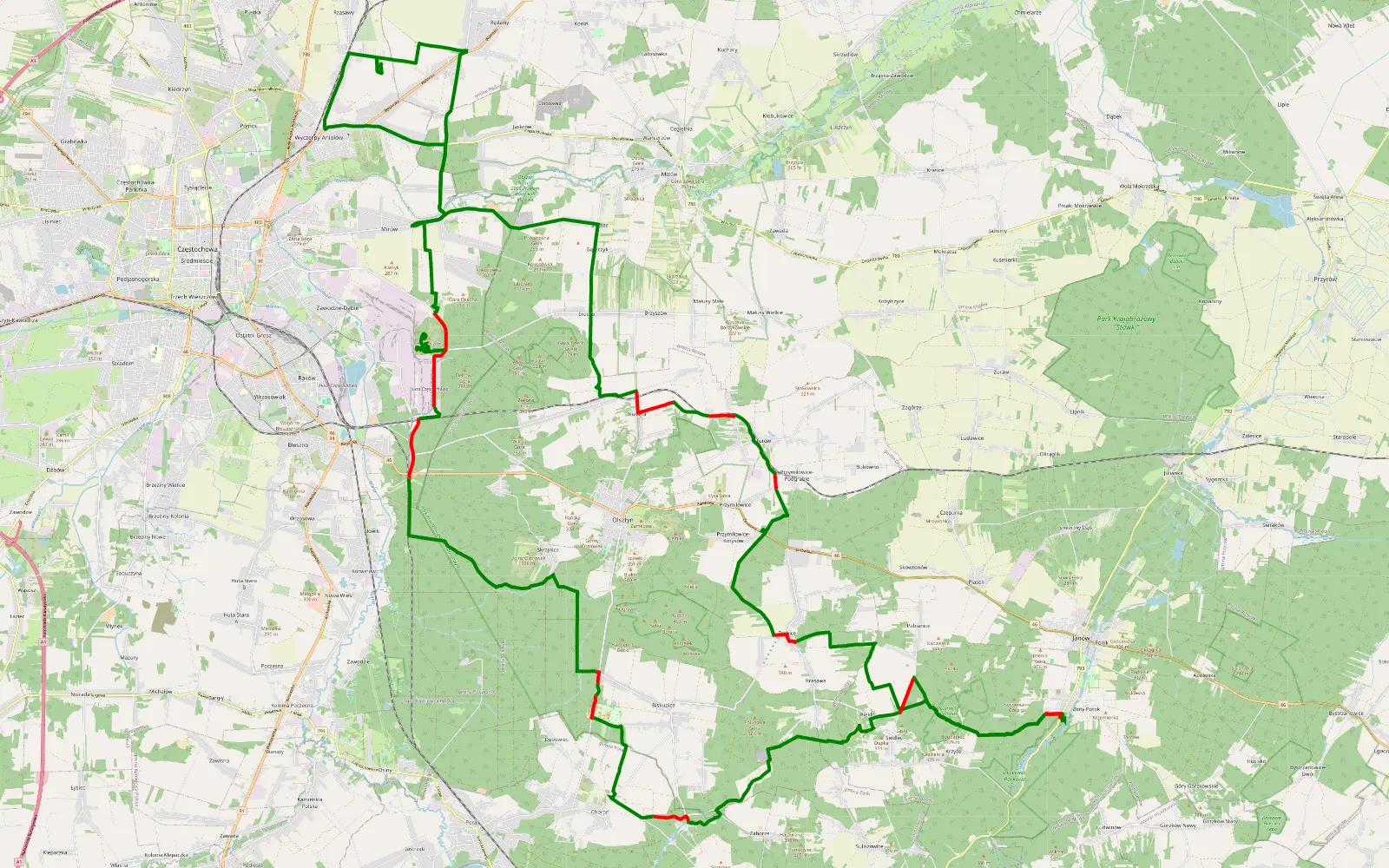 Mapa trasy Quady złoty potok - 64.5 km trasy offroad, Powiat Częstochowski