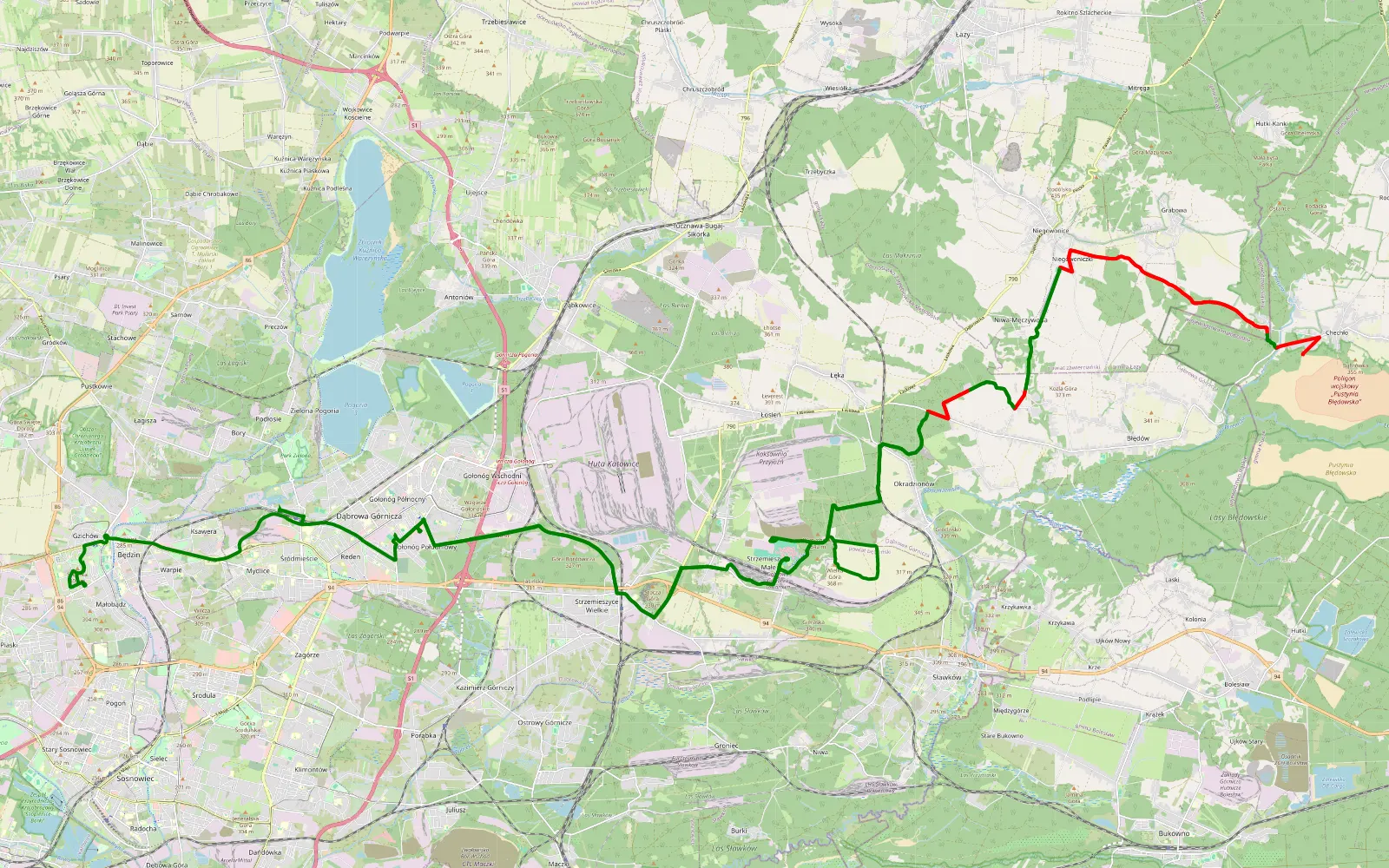 Mapa trasy Dąbrowa Górnicza - Będzin - 47.6 km trasy offroad, Dąbrowa Górnicza