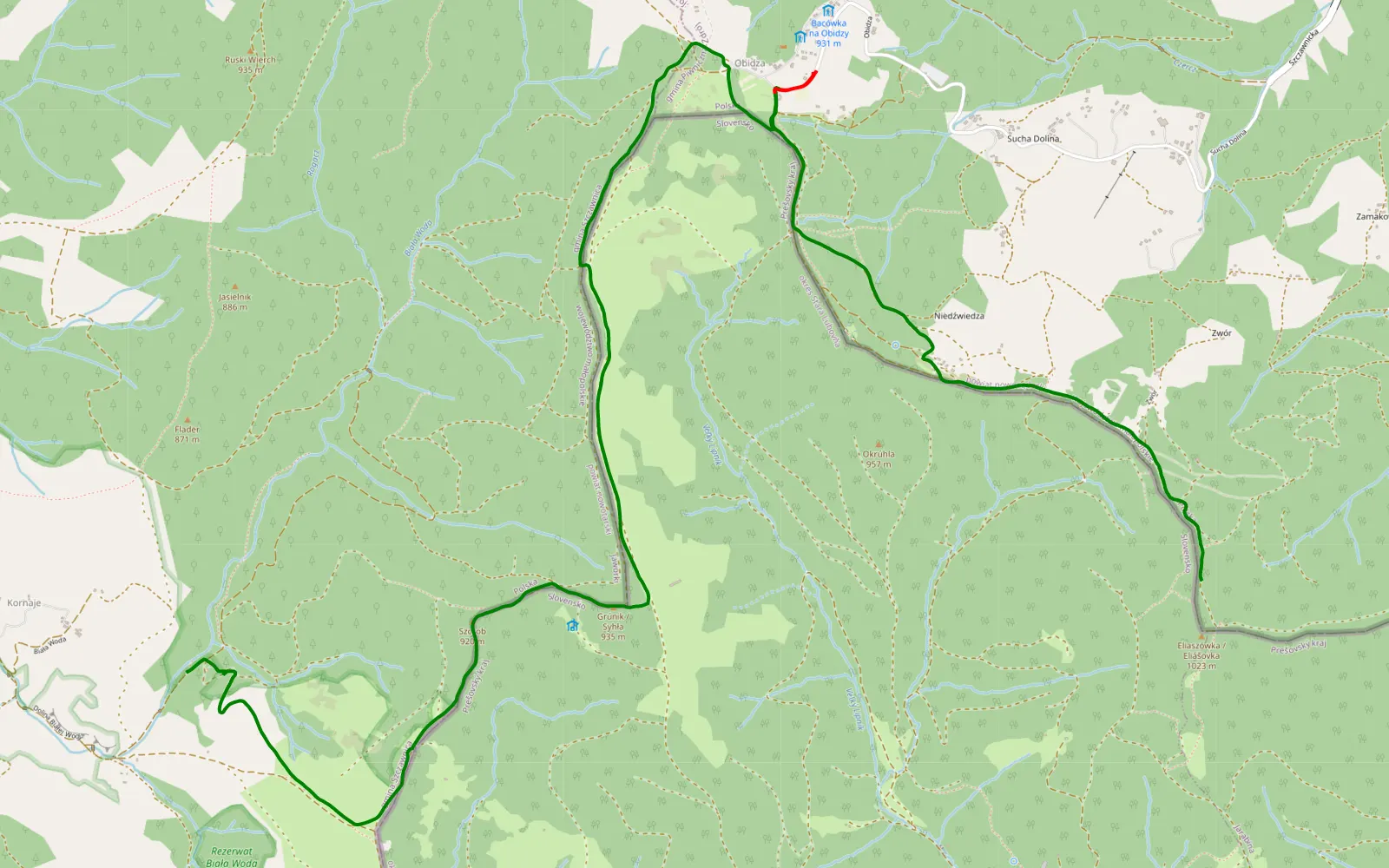 Map of Biała woda — 8.9 km offroad trail, Nowy Sącz County