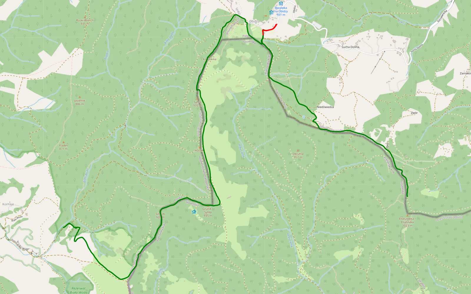 Mapa trasy Biała woda - 8.8 km trasy offroad, Powiat Nowosądecki