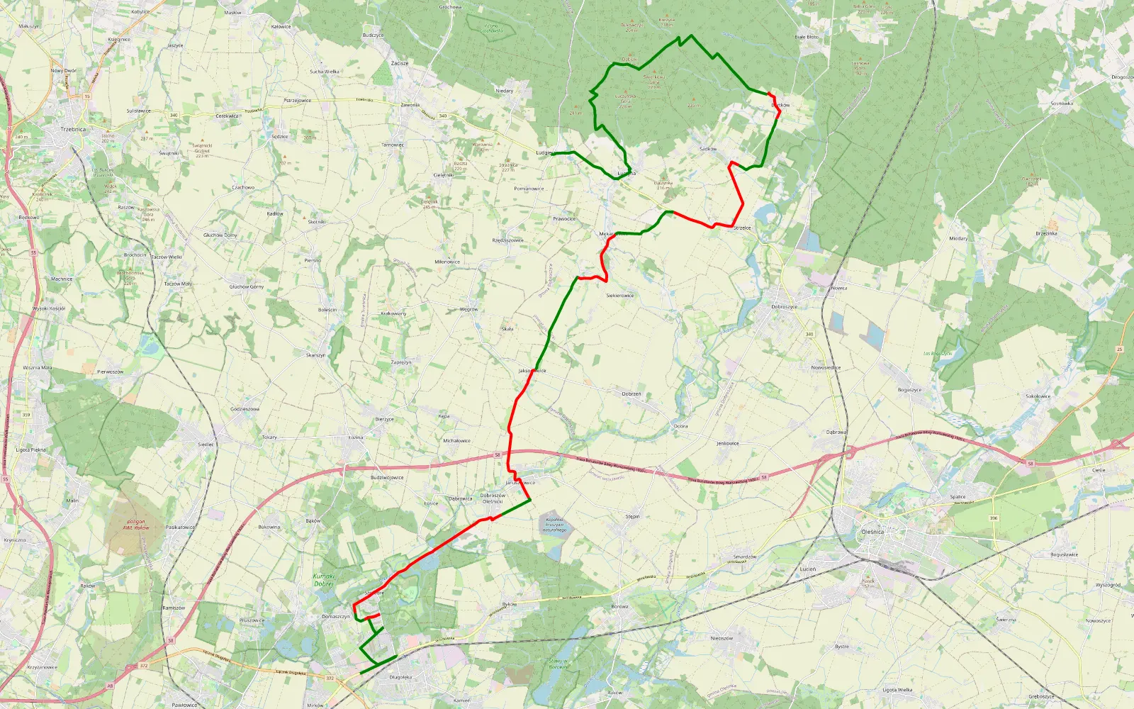 Mapa trasy Miłostów - Ludgierzowice - 36.8 km trasy offroad, Powiat Oleśnicki