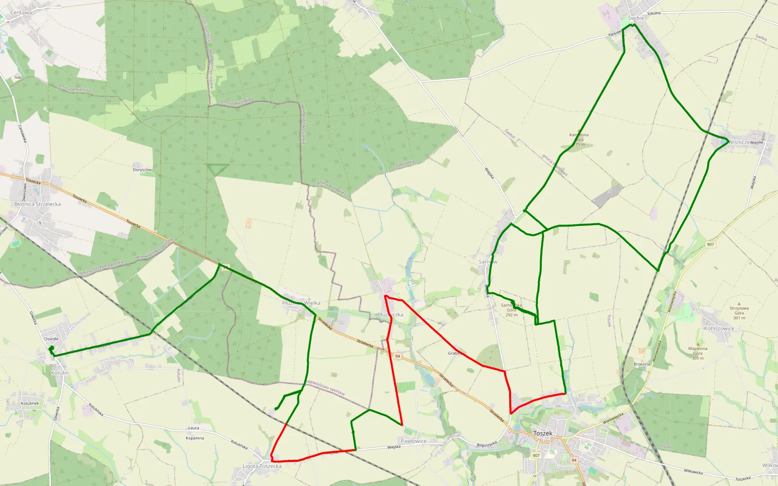 Mapa trasy Sarnów - Kotulin - 19 km trasy offroad, Powiat Gliwicki
