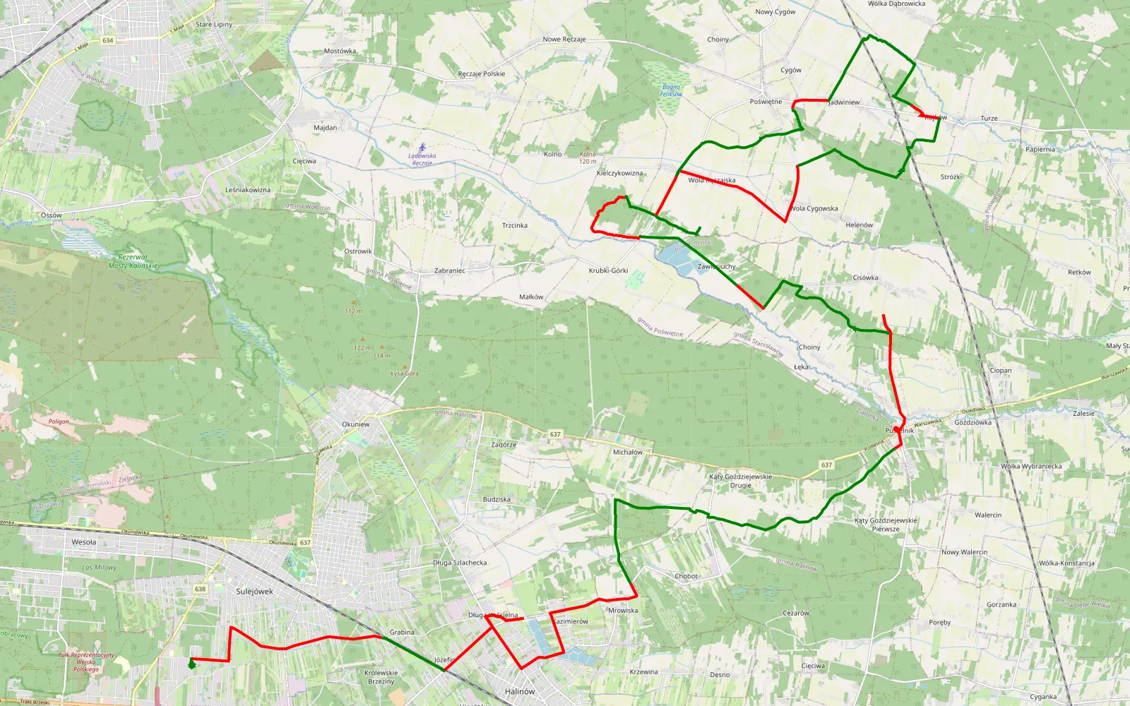 Mapa trasy Zakręt - Wola Ręczajska - 55.1 km trasy offroad, Powiat Miński