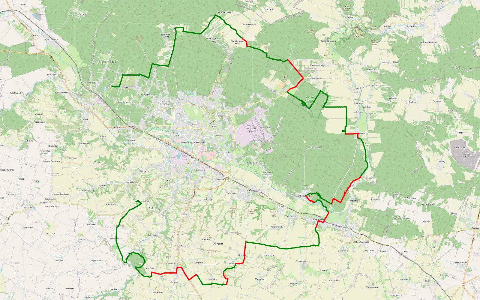 Map of Podszkodzie - Janik - 59.1 km offroad trail, Ostrowiec County