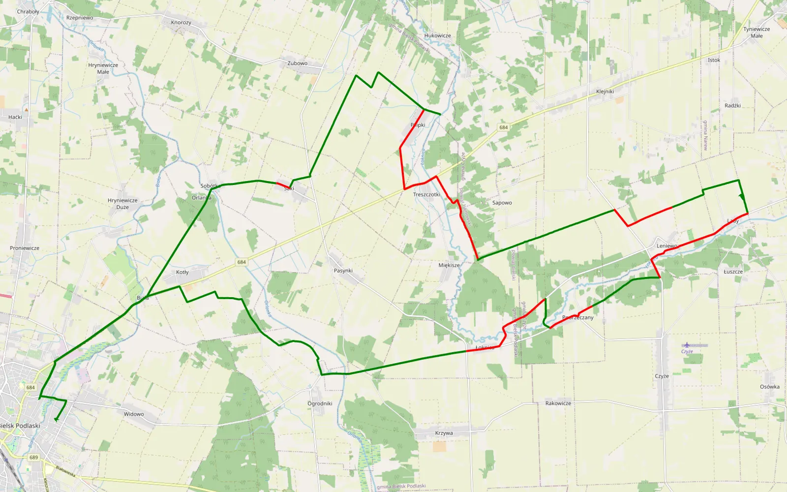 Map of Bielsk Podlaski polami i lasami - 36.9 km offroad trail, Bielsk County