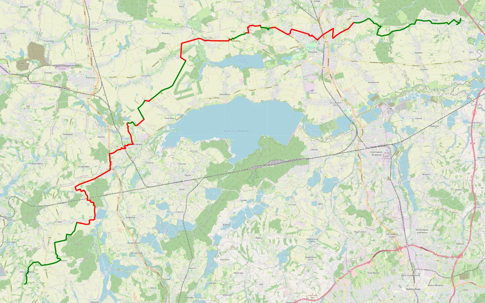 Mapa trasy Kończyce Wielkie - Gilowice - 41.3 km trasy offroad, Powiat Pszczyński