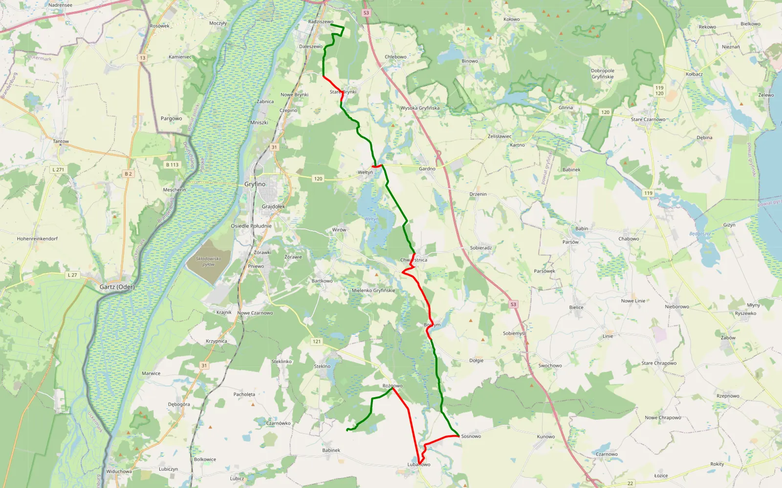 Mapa trasy Babinek - Radziszewo - 36.1 km trasy offroad, Powiat Gryfiński