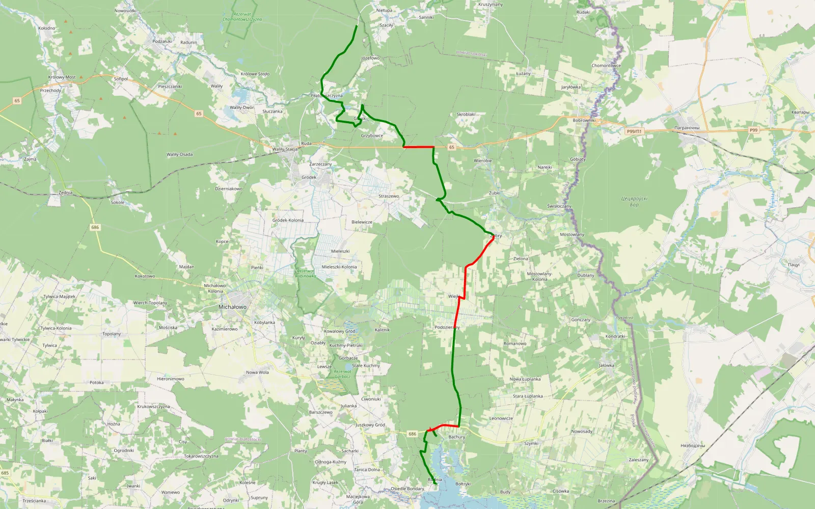 Mapa trasy Szaciły - Rudnia - 39.3 km trasy offroad, Powiat Białostocki