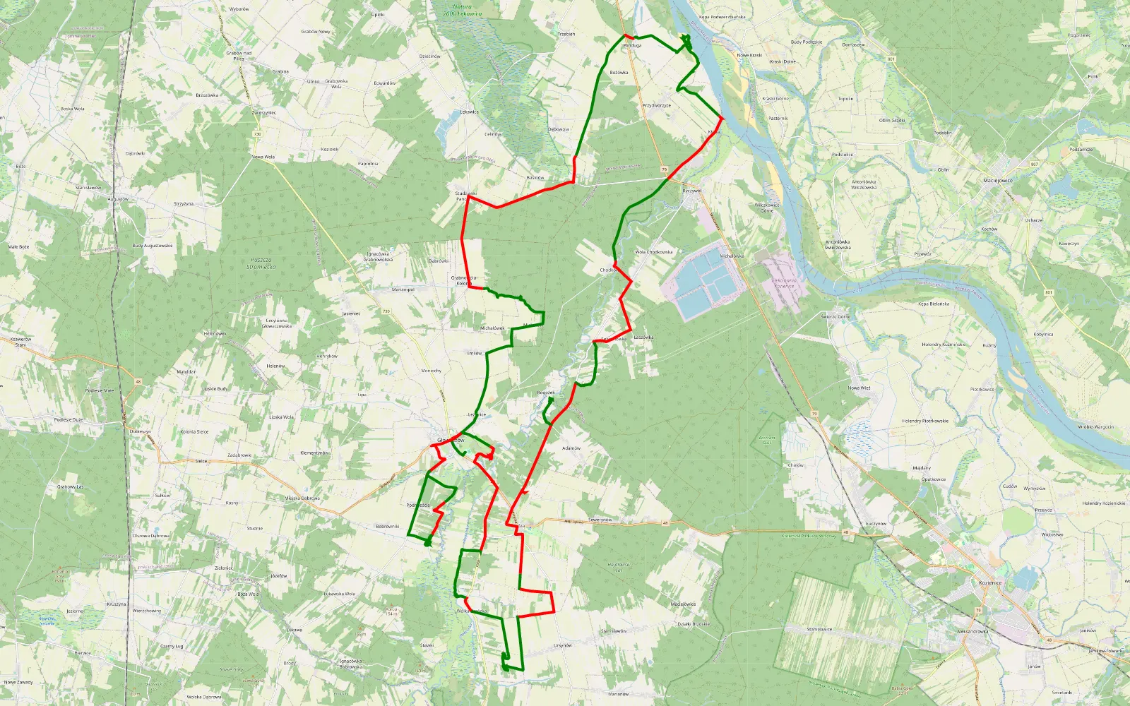 Mapa trasy Głowaczów - Podmieście - 72.6 km trasy offroad, Powiat Kozienicki