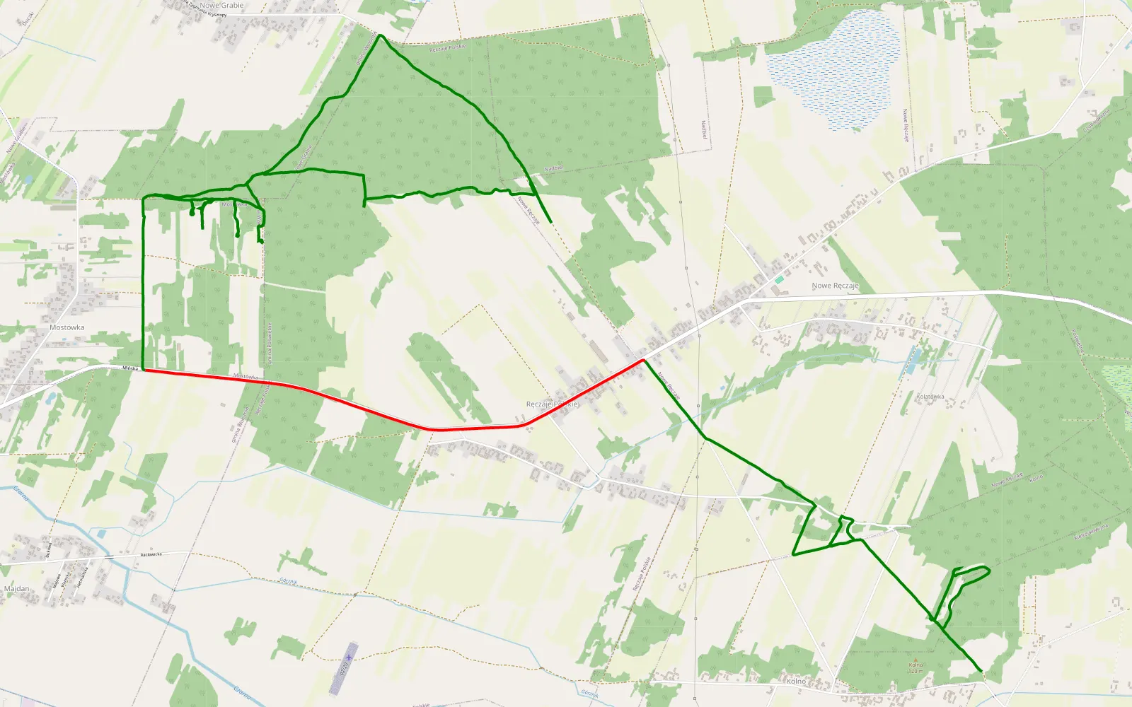 Mapa trasy Mostówka - Kolno - 16.5 km trasy offroad, Powiat Wołomiński