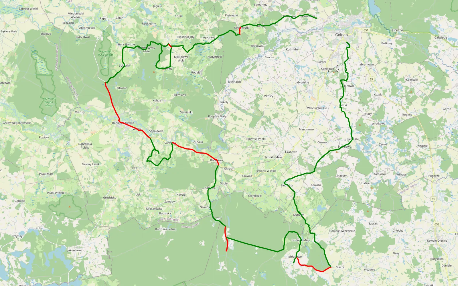 Map of Piękne Łąki - Gołdap - 70.2 km offroad trail, Gołdap County