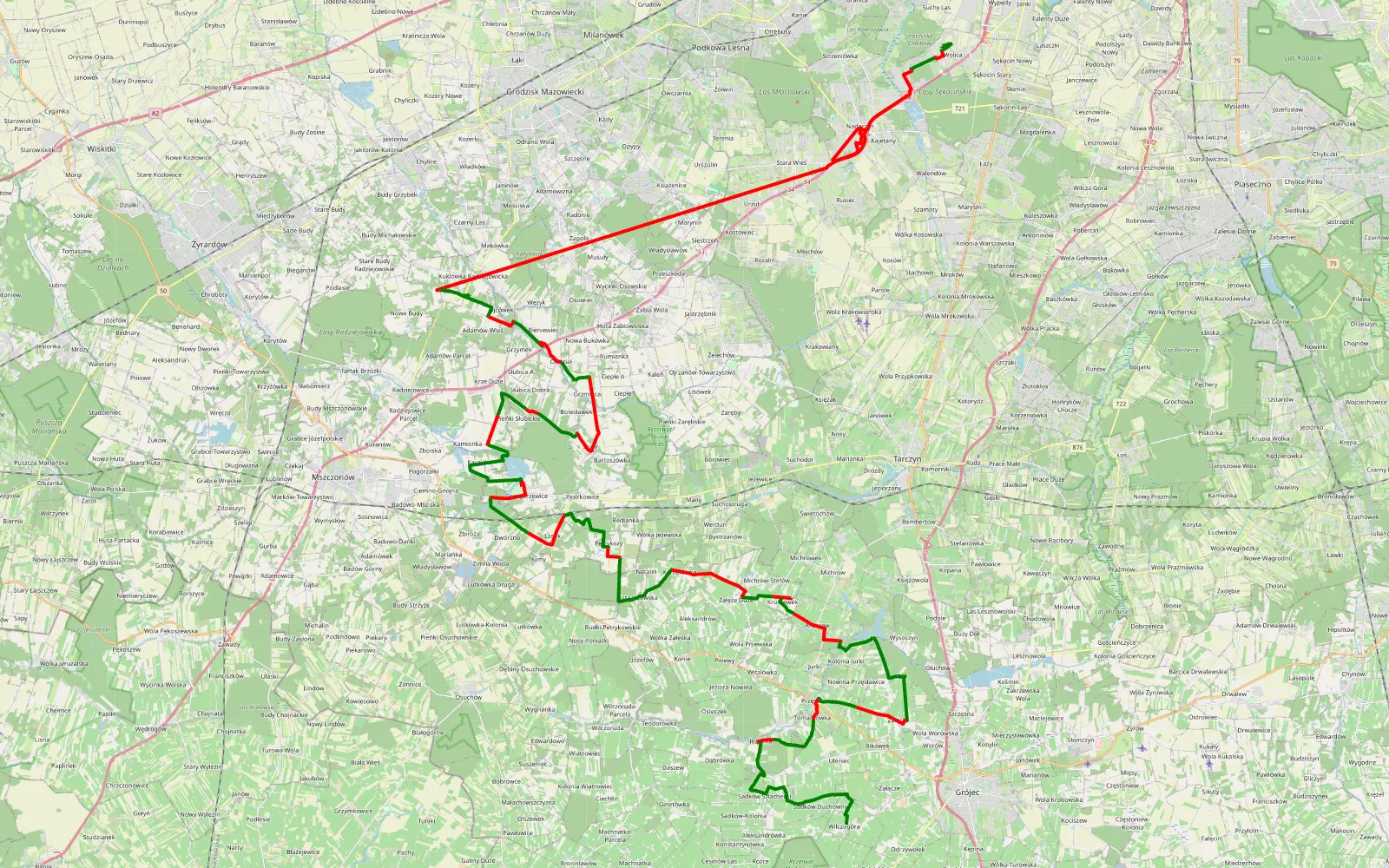 Mapa trasy Wolica - Wilcza Góra - 92 km trasy offroad, Powiat Grodziski