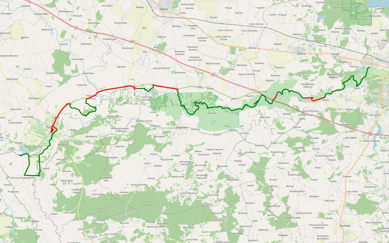Mapa trasy Spławie - Chorzeń - 68 km trasy offroad, Powiat Słupecki