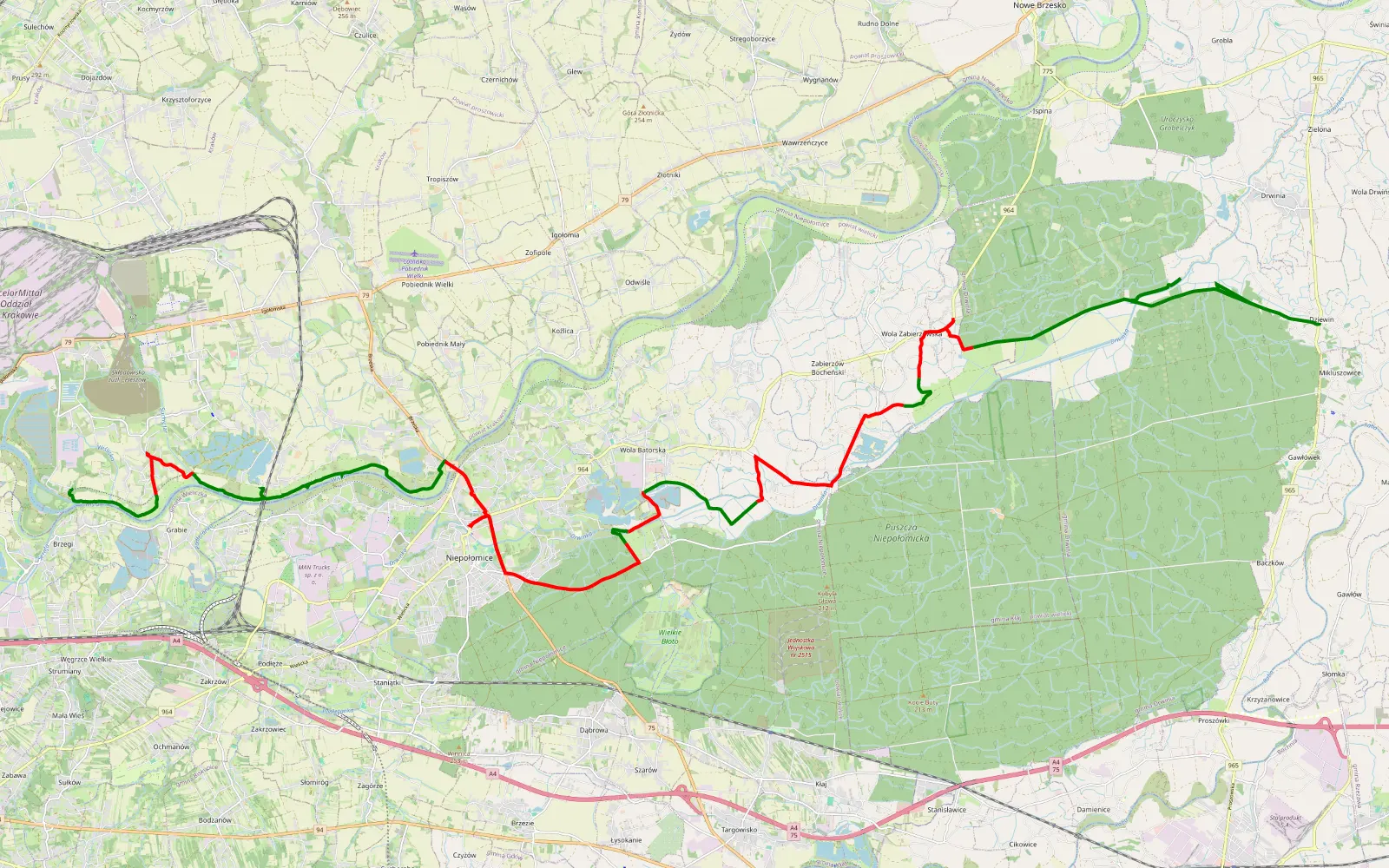 Map of Brzegi - Dziewin - 39.6 km offroad trail, Wieliczka County