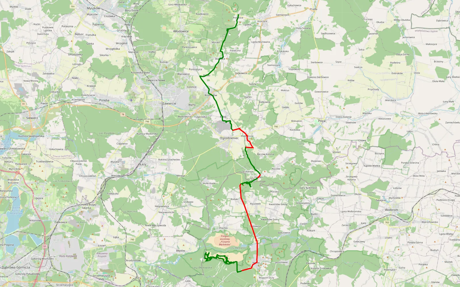 Mapa trasy Podlesice - Klucze - 42.7 km trasy offroad, Powiat Olkuski