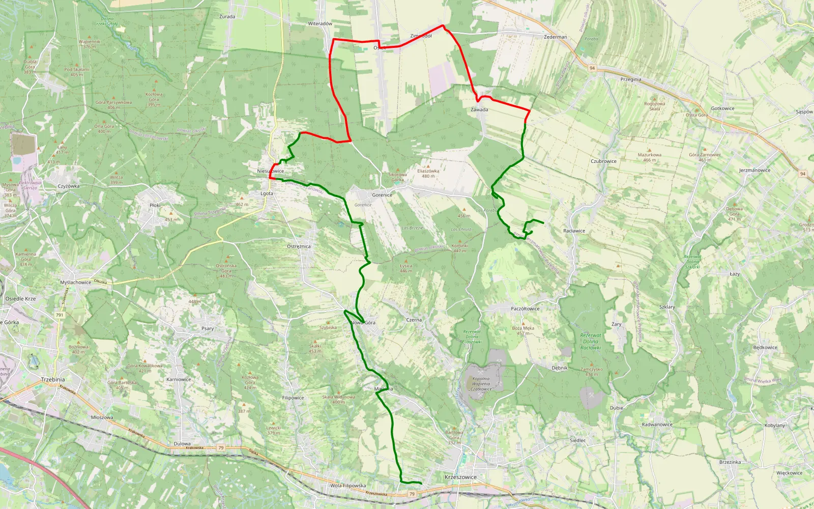 Mapa trasy Krzeszowice - Racławice - 26.1 km trasy offroad, Powiat Olkuski