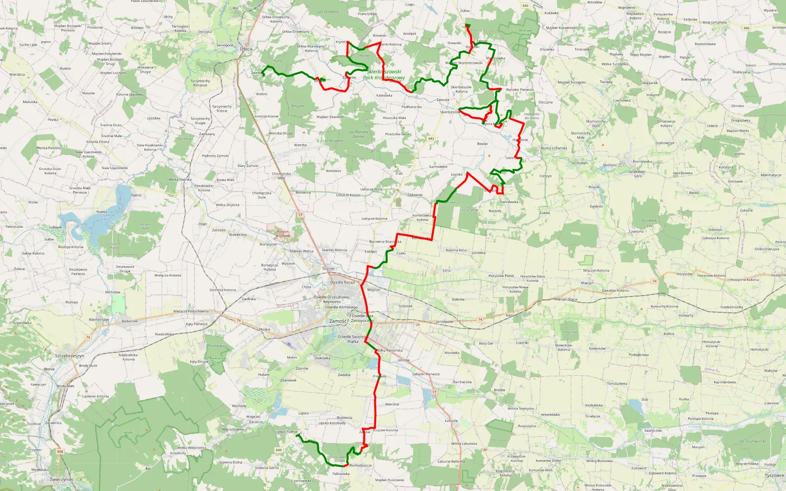 Map of Zamość i okolice - 105.8 km offroad trail, Zamość County