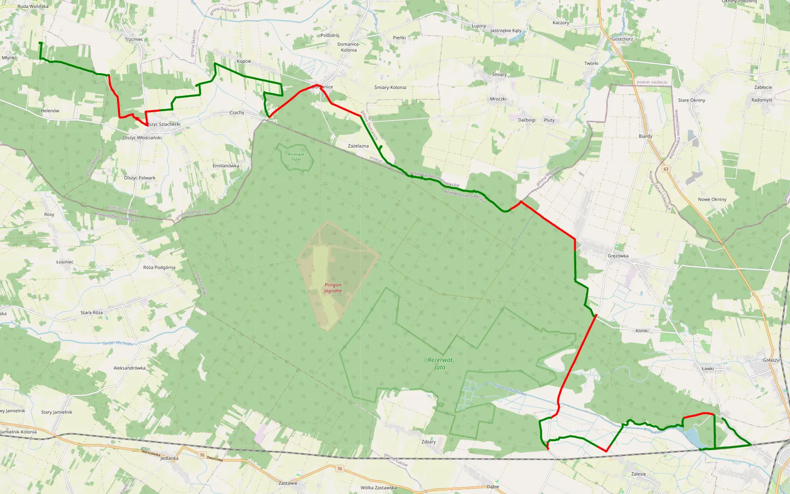 Mapa trasy Ławki - Ruda - 41.2 km trasy offroad, Powiat Siedlecki