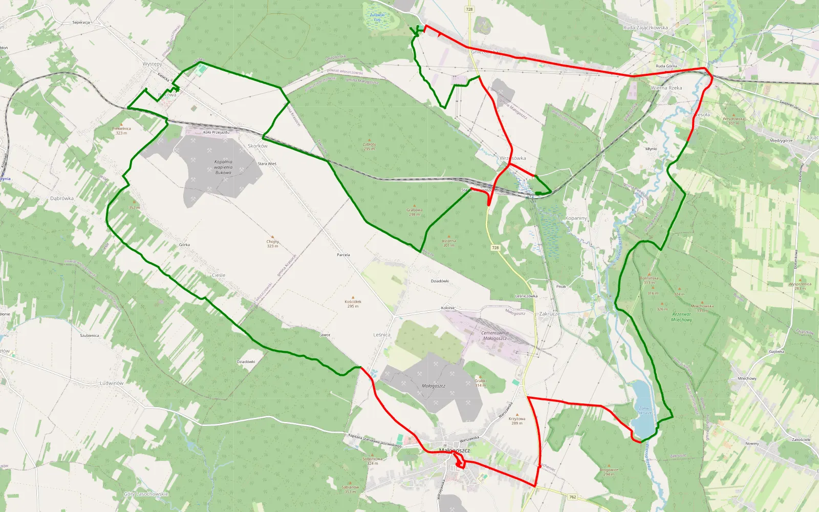 Mapa trasy Występy - 41 km trasy offroad, Powiat Jędrzejowski