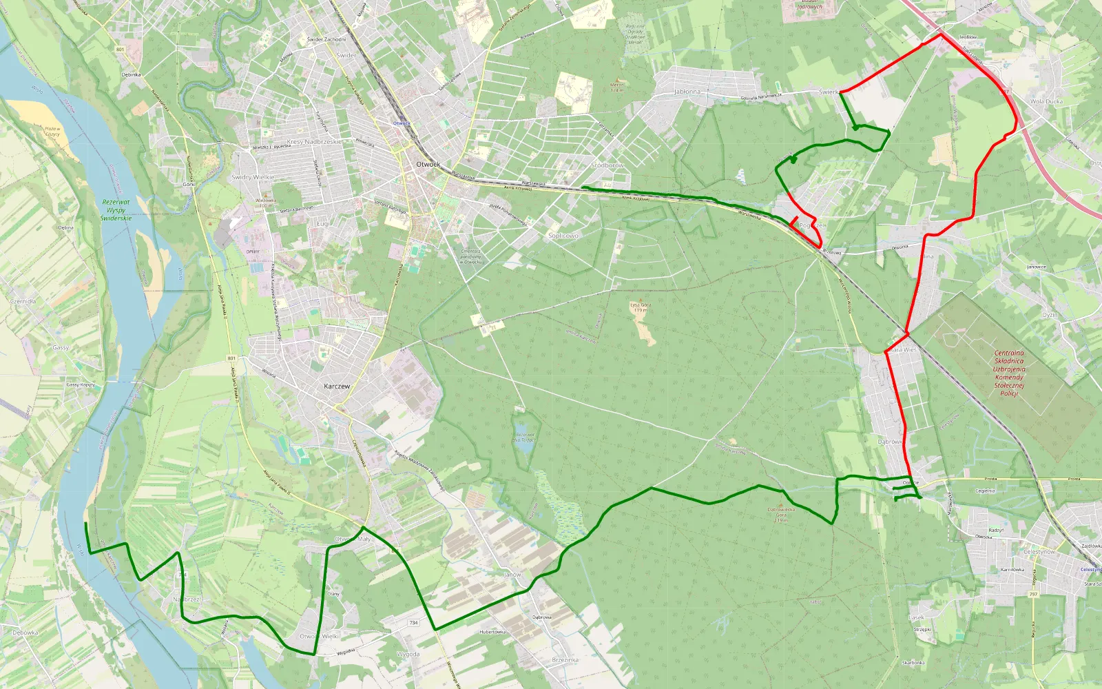 Mapa trasy Sródborów - Nadbrzeż - 22.8 km trasy offroad, Powiat Otwocki