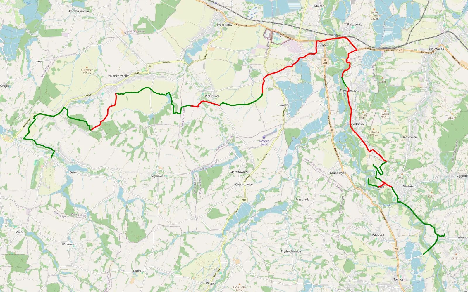 Mapa trasy Osiek - Tomice - 31.4 km trasy offroad, Powiat Oświęcimski