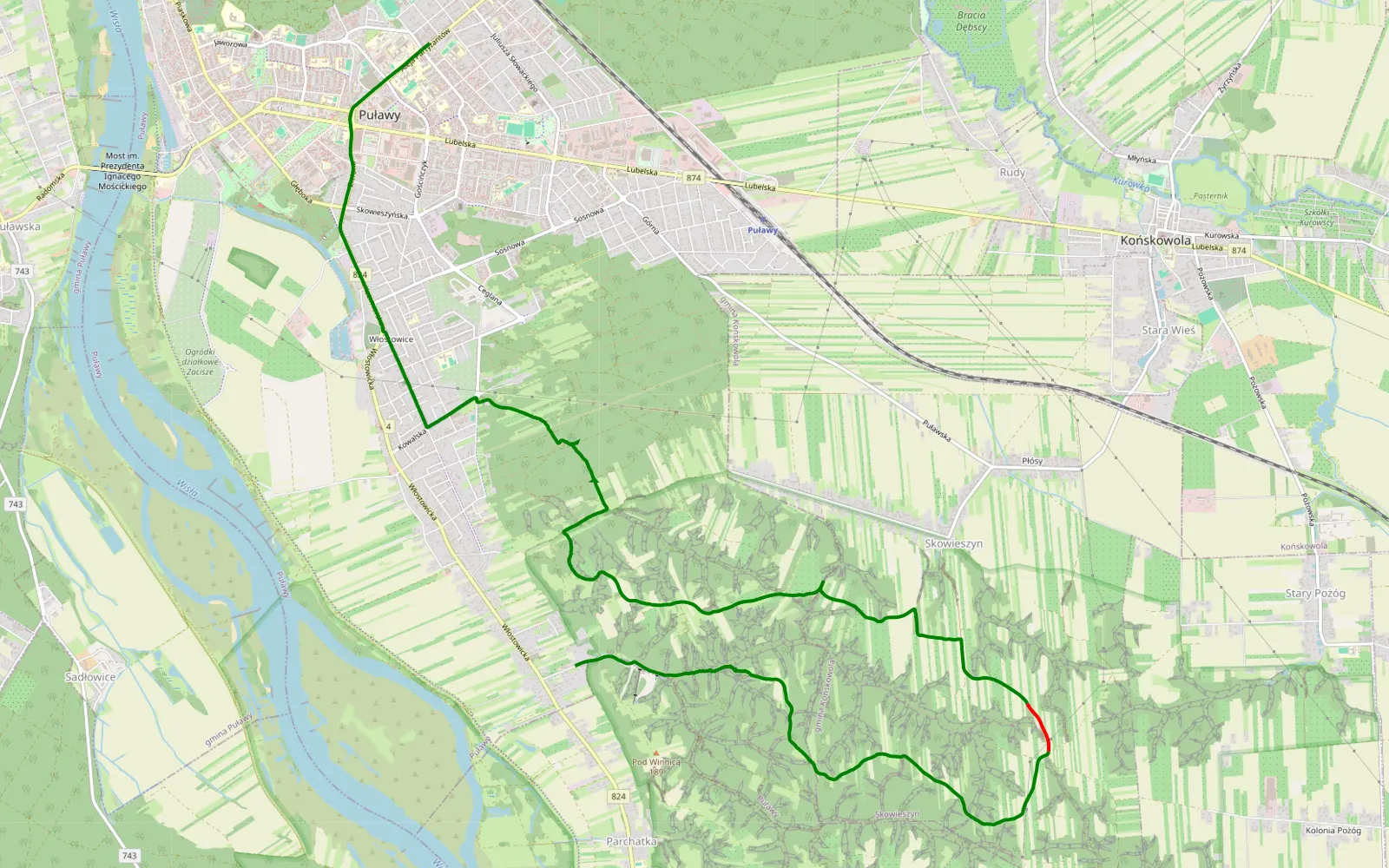 Map of Puławy - Parchatka - 11.1 km offroad trail, Puławy County