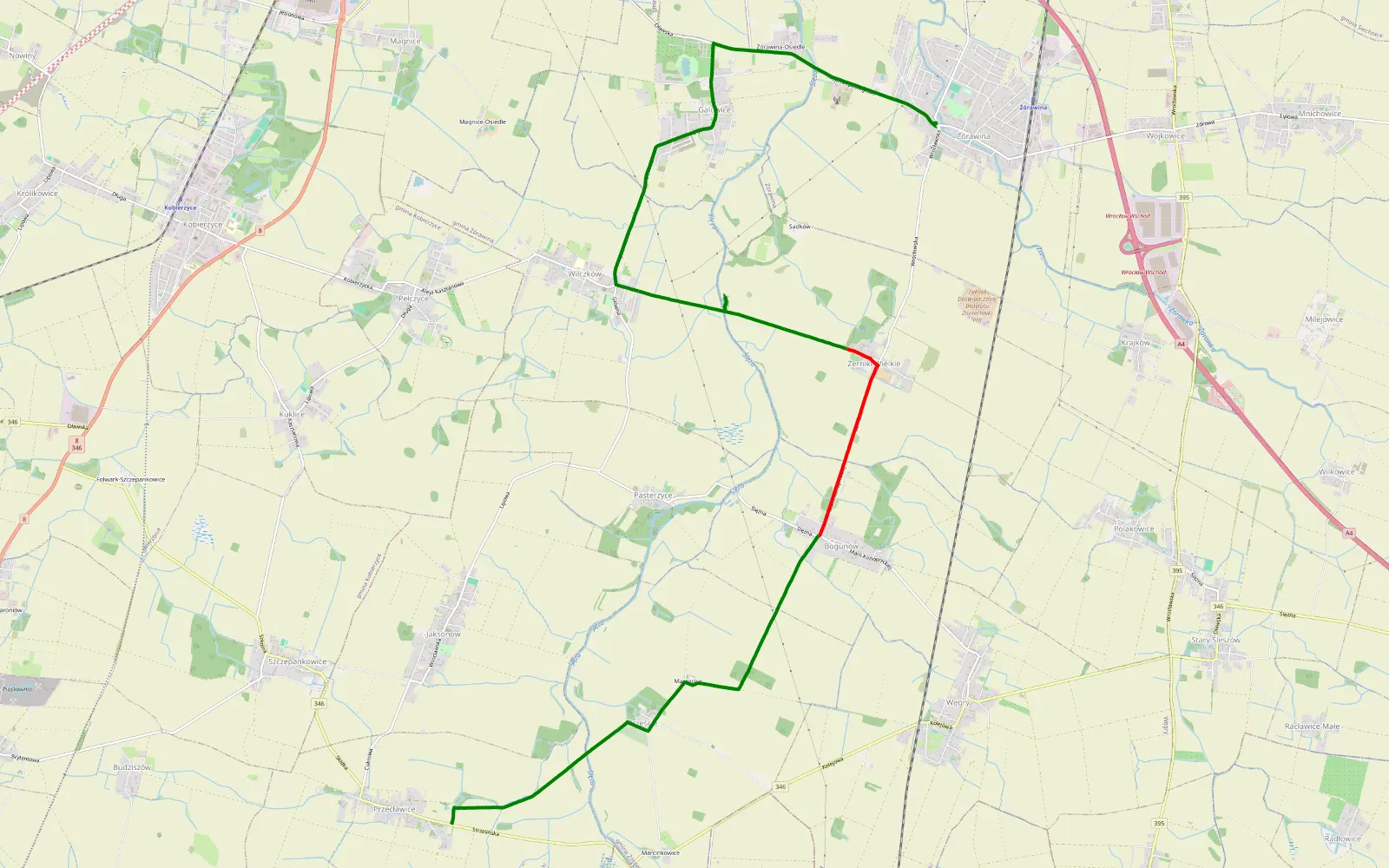 Mapa trasy Żórawina - Przecławice - 10 km trasy offroad, Powiat Wrocławski