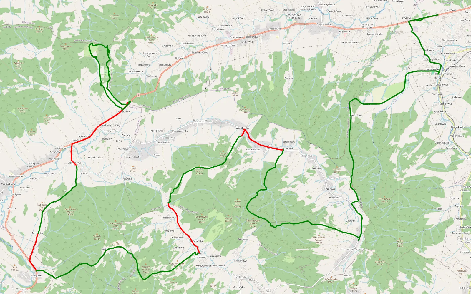 Map of Raba Wyżna - Podwilk - 31.8 km offroad trail, Nowy Targ County