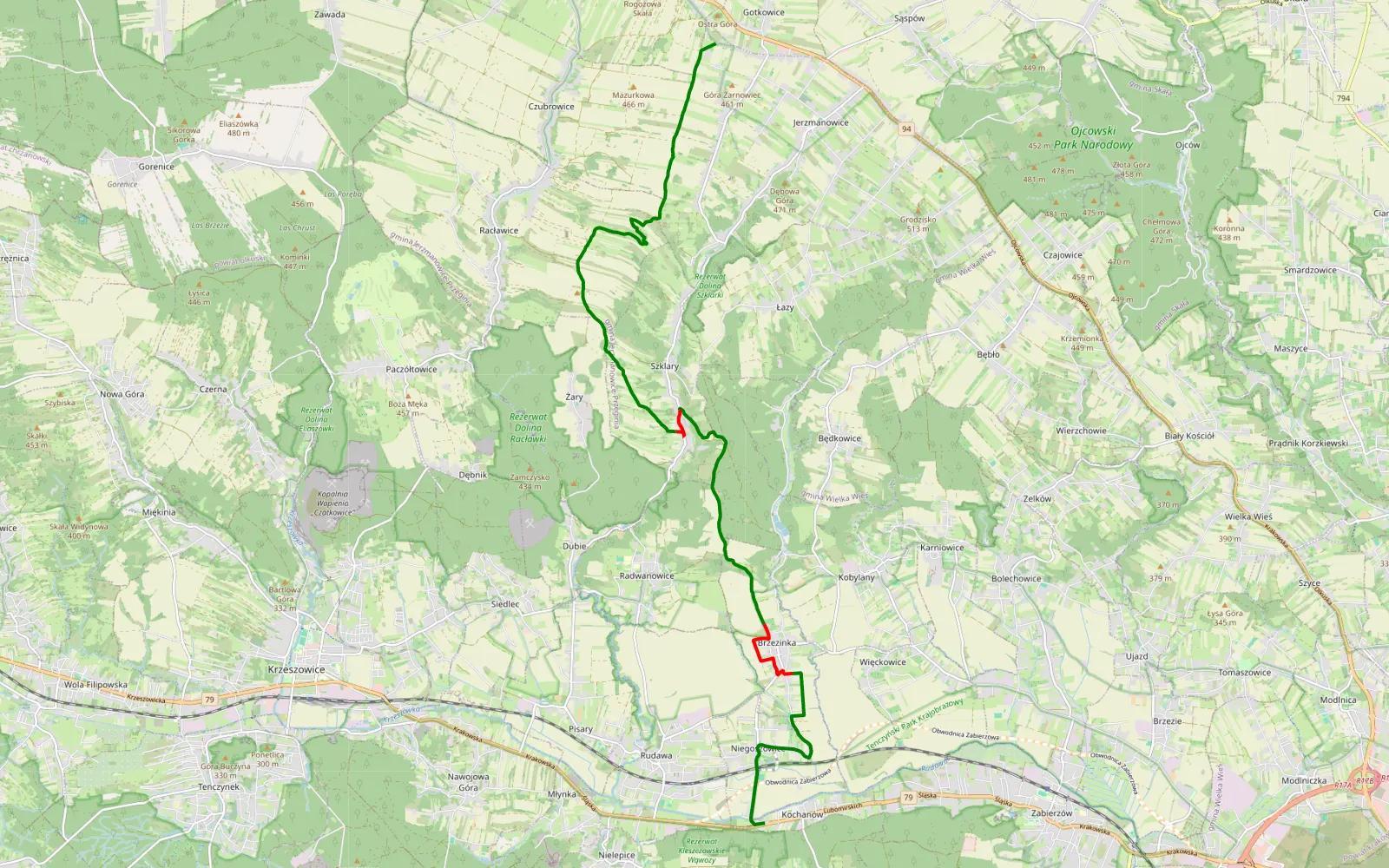 Mapa trasy Kochanów - Rzeczki - 17.3 km trasy offroad, Powiat Krakowski
