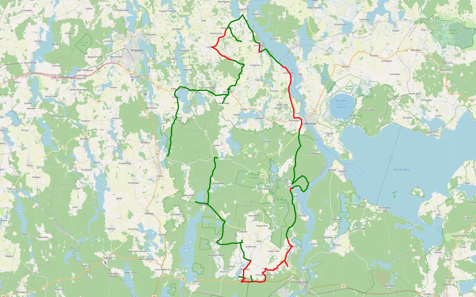 Mapa trasy Lipowo - Ostrów Pieckowski - 67.5 km trasy offroad, Powiat Mrągowski