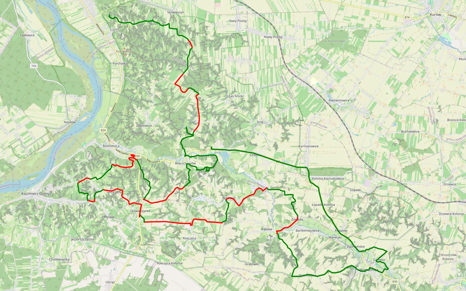 Mapa trasy Kazimierz Dolny z Filipem - 43.7 km trasy offroad, Powiat Puławski