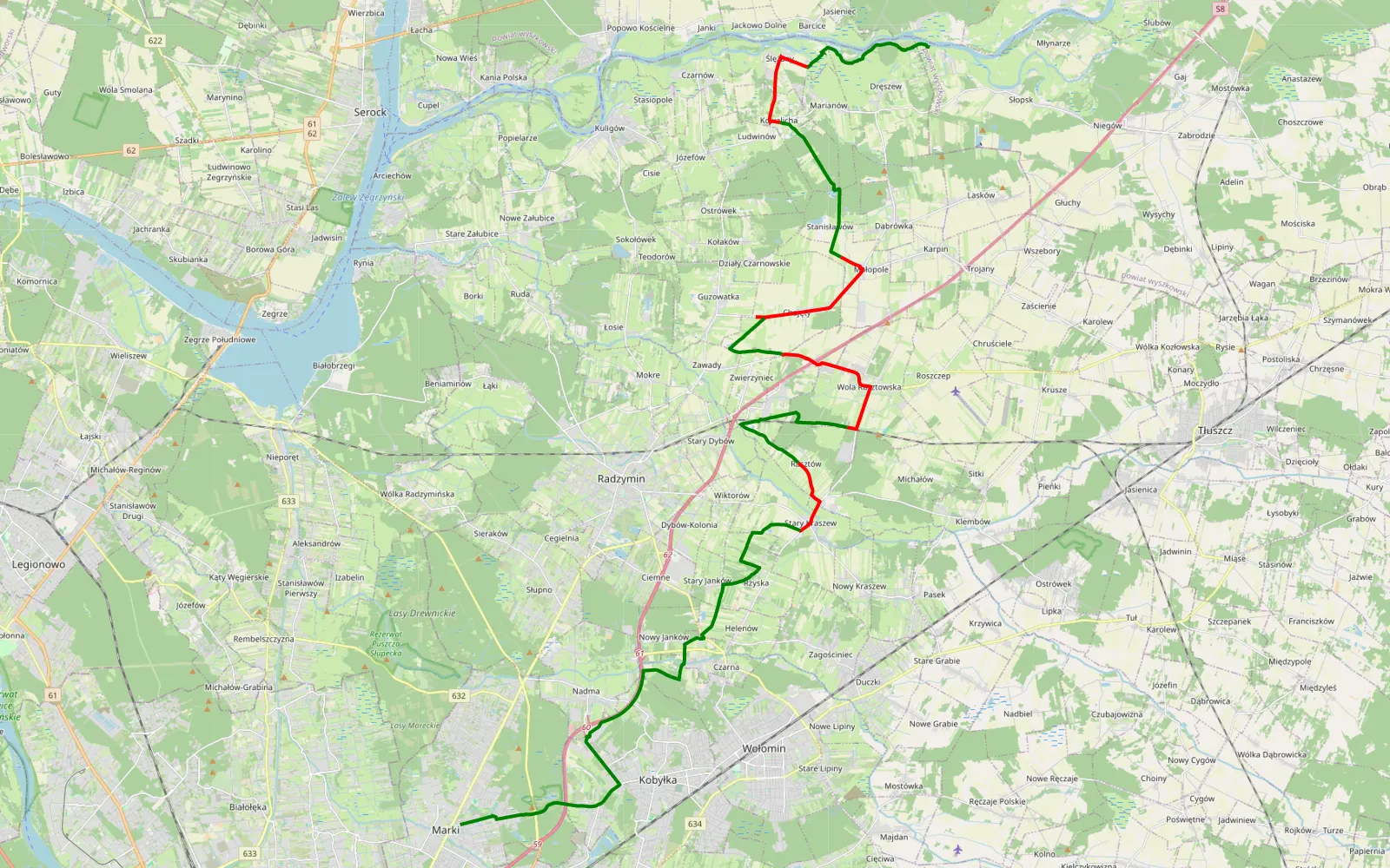 Mapa trasy Osiny - Marki - 38.6 km trasy offroad, Powiat Wołomiński