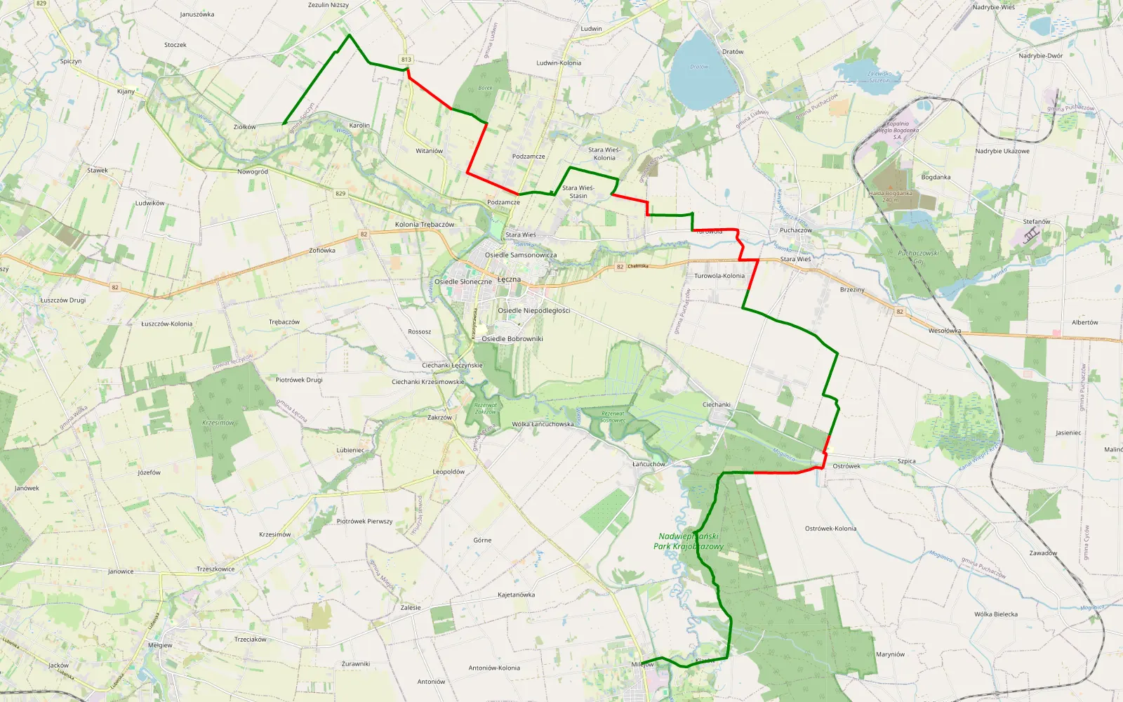 Map of Ziółków - Milejów - 25.5 km offroad trail, Łęczna County