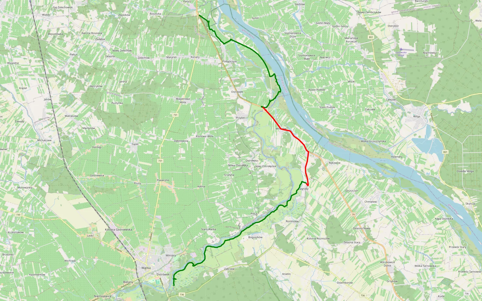 Map of Potycz - Warka - 23.1 km offroad trail, Kozienice County