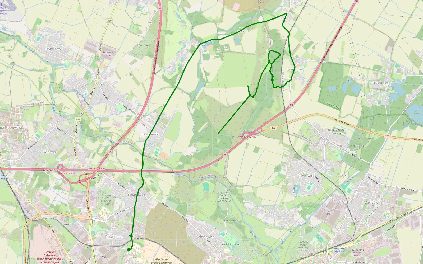 Mapa trasy Krzyżanowice - Karłowice - 7.9 km trasy offroad, Powiat Trzebnicki