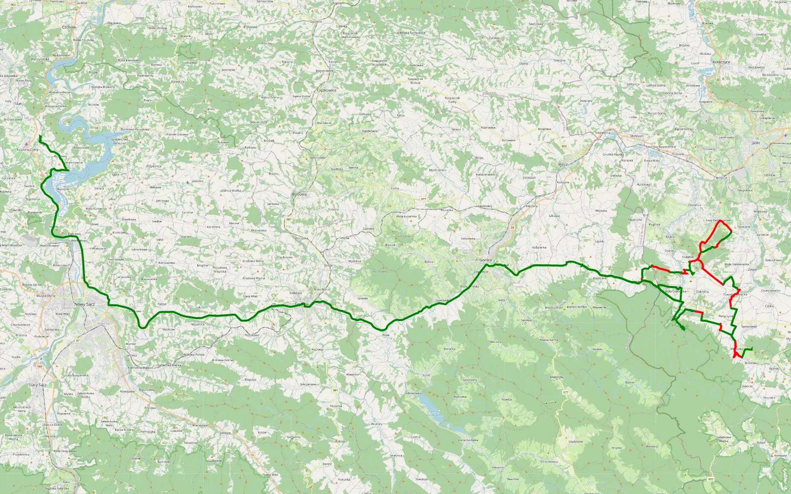 Mapa trasy Kryg - Łososina Dolna - 46.4 km trasy offroad, Powiat Jasielski