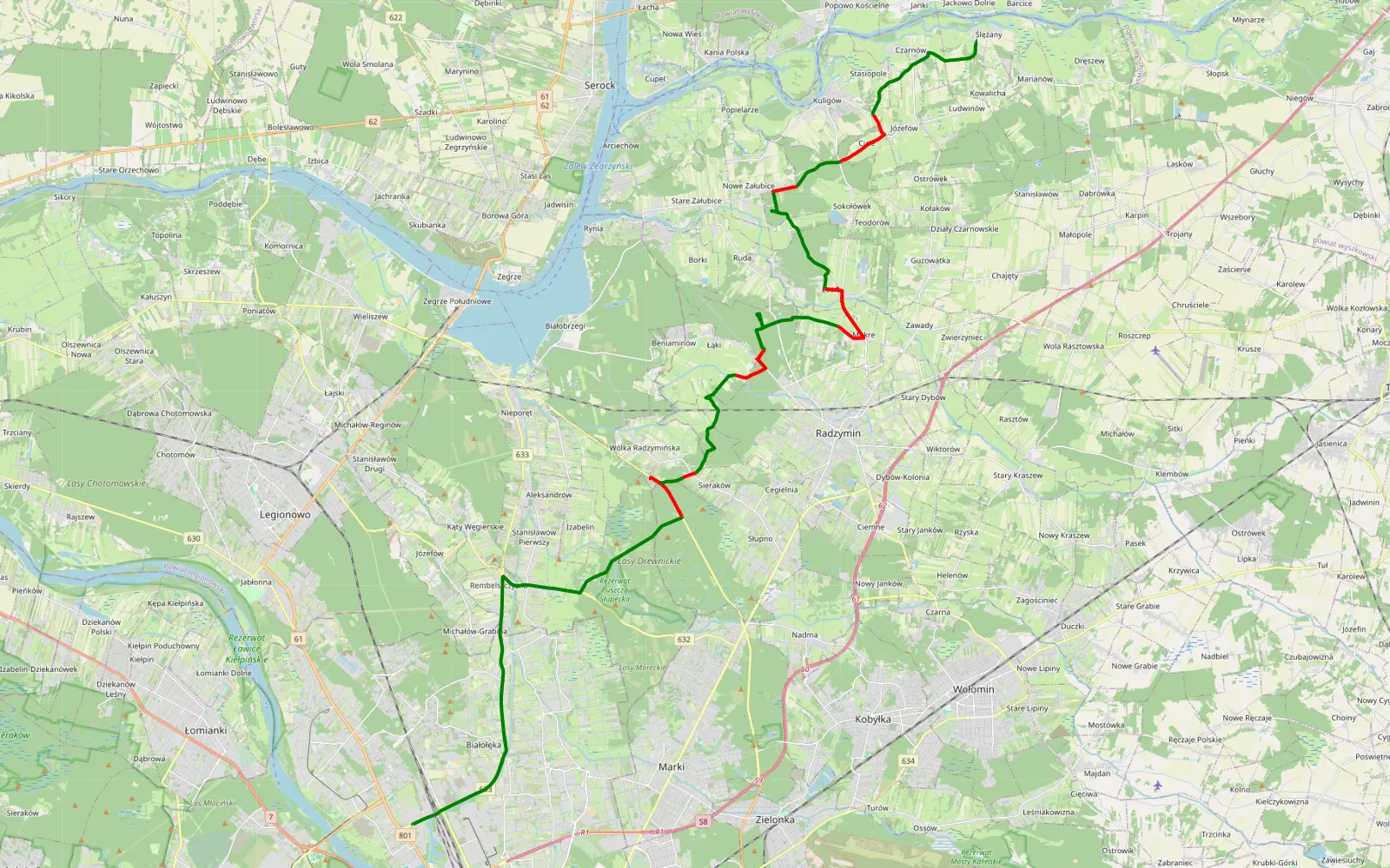 Mapa trasy Żerań - Ślężany - 33.8 km trasy offroad, Powiat Wołomiński