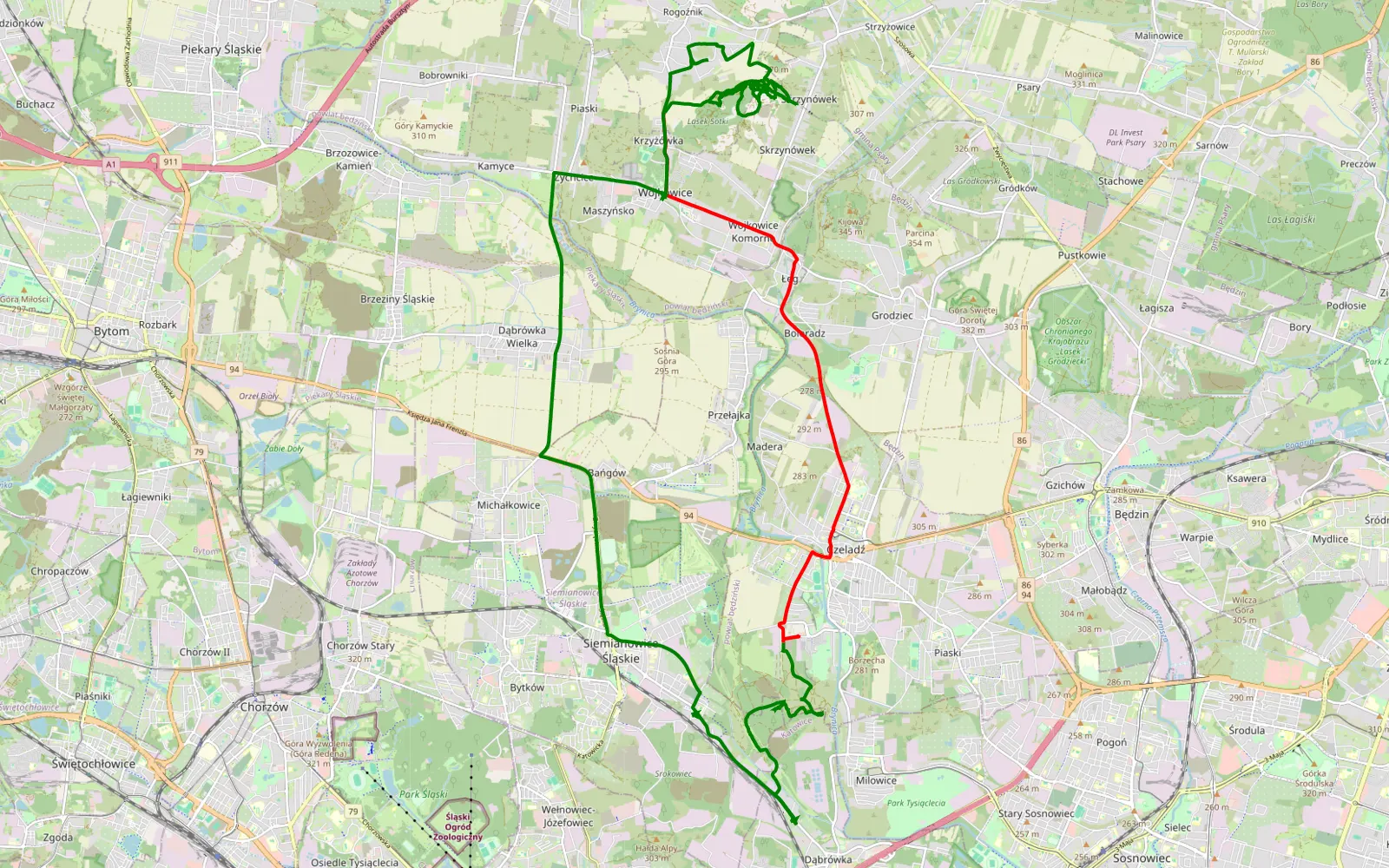 Mapa trasy Dąbrówka Mała - 24.9 km trasy offroad, Powiat Będziński