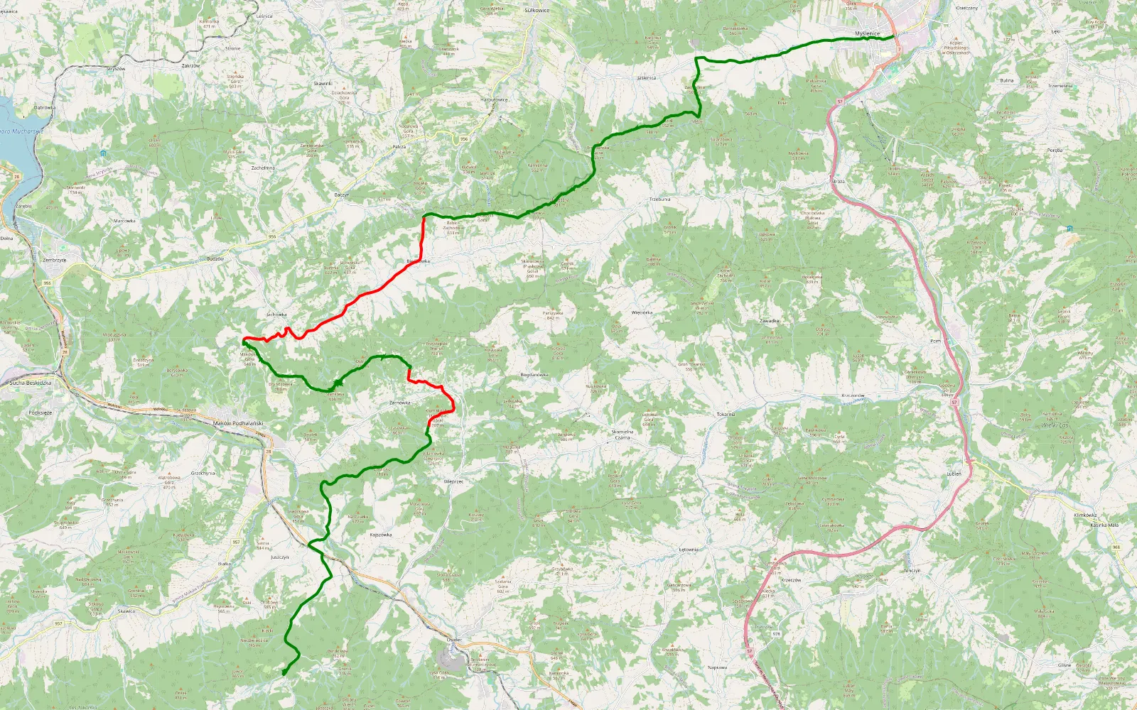 Mapa trasy Myślenice - Karczmarzyki - 36.7 km trasy offroad, Powiat Suski
