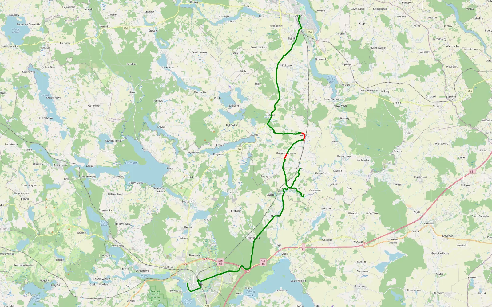 Mapa trasy Olecko - Ełk - 13.8 km trasy offroad, Powiat Olecki