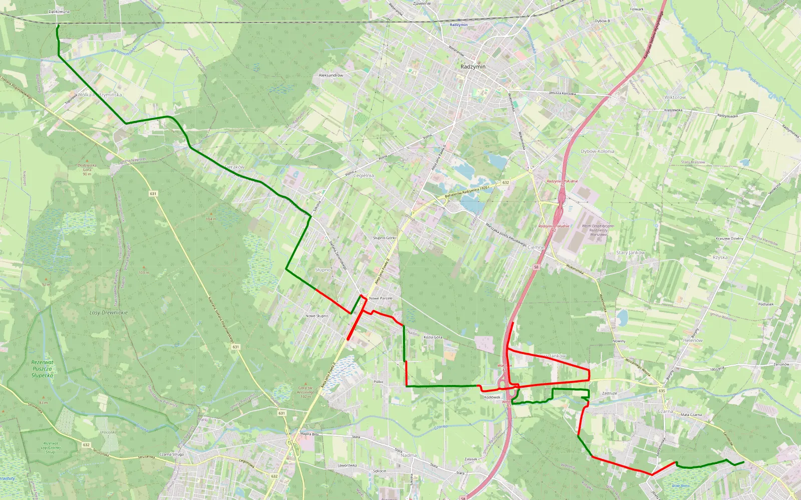 Mapa trasy Nowa Wieś - Wólka Radzymińska - 17.1 km trasy offroad, Powiat Wołomiński