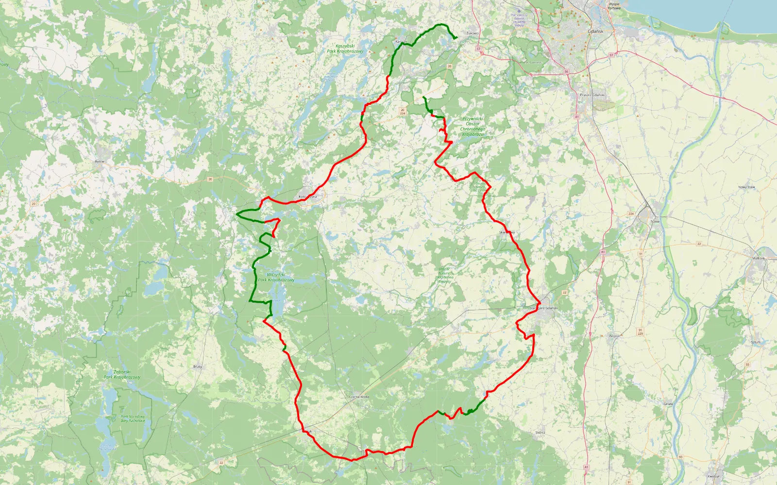 Mapa trasy Żukowo pętla - 210.9 km trasy offroad, Powiat Kościerski