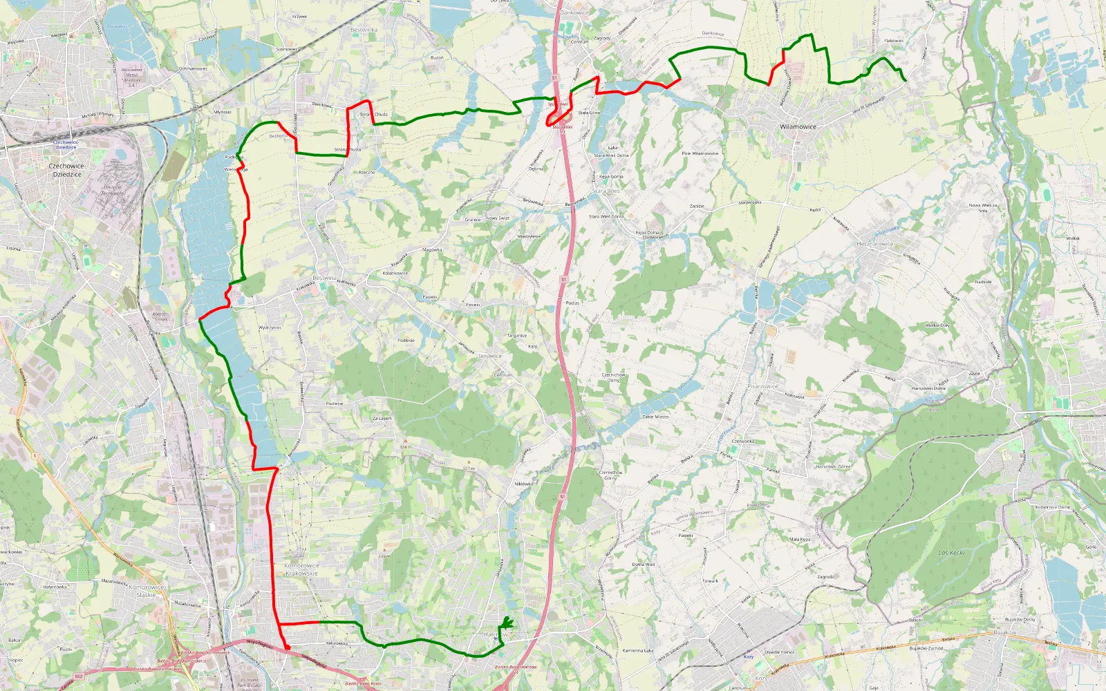 Mapa trasy Wilamowice - Hałcnów - 24.9 km trasy offroad, Powiat Bielski