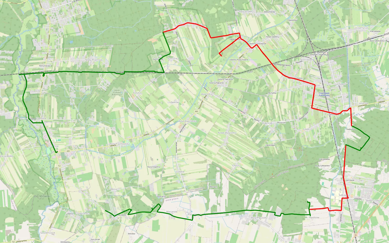 Map of Prażmów - Dobrzenica - 27 km offroad trail, Piaseczno County