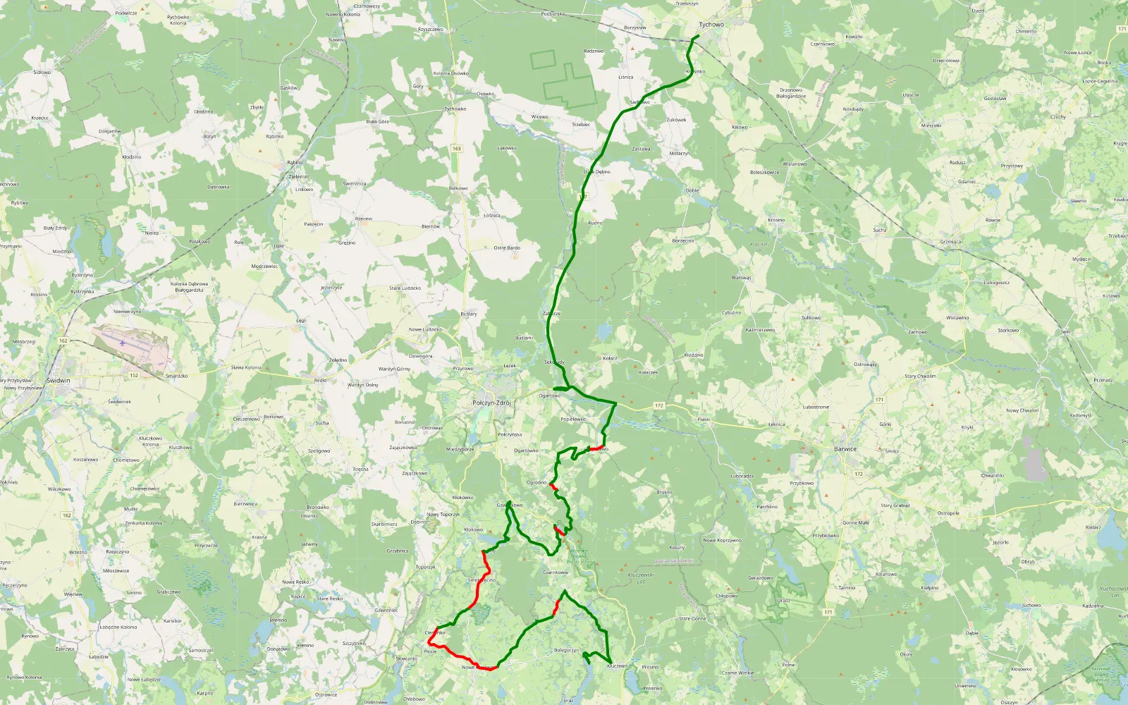 Mapa trasy Kluczewo - Tychowo - 40.8 km trasy offroad, Powiat Świdwiński
