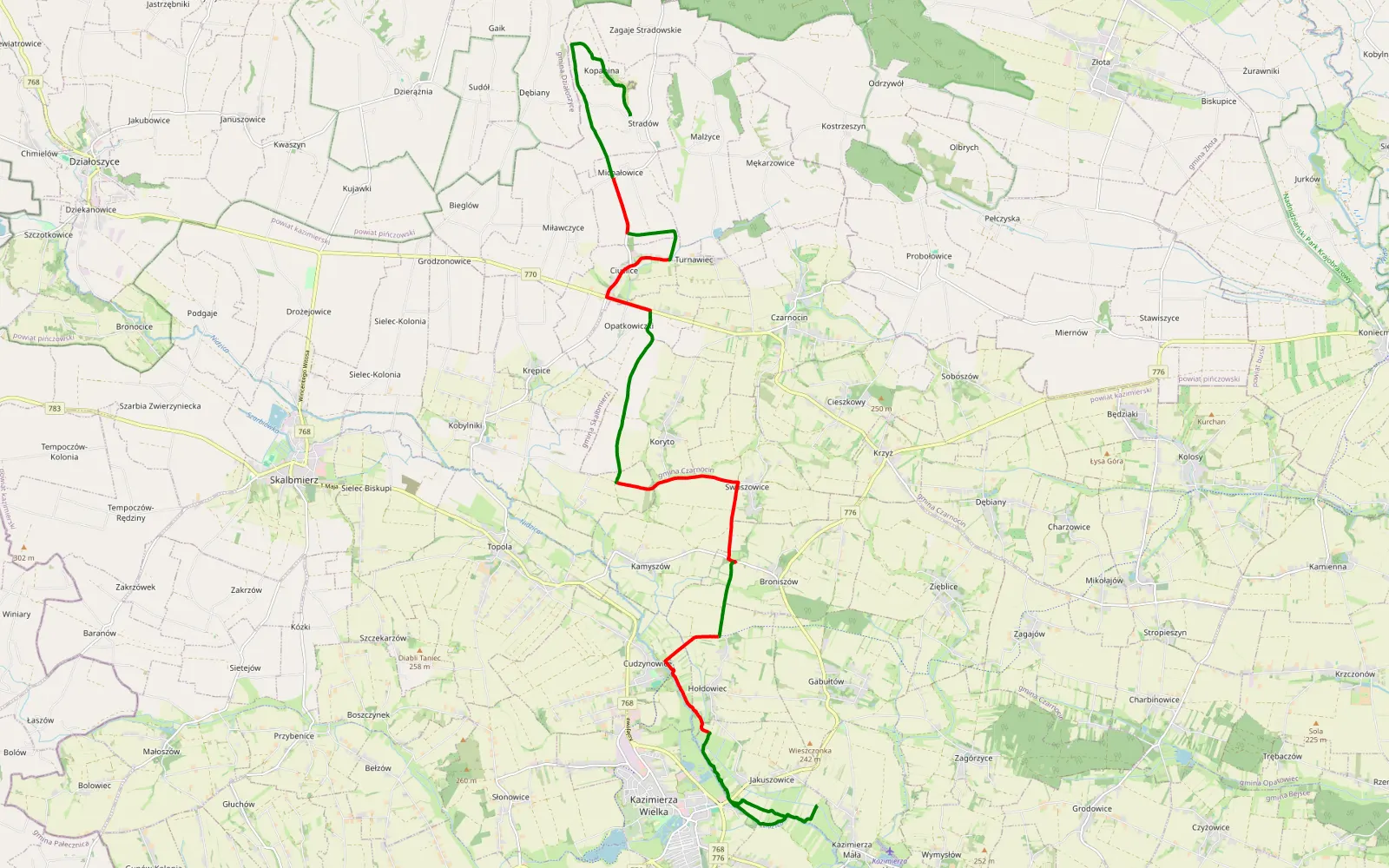 Mapa trasy Stradów - Jakuszowice - 23 km trasy offroad, Powiat Kazimierski