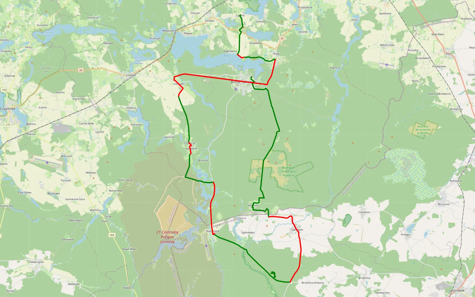Map of Borne Sulinowo - Łączno - 63.5 km offroad trail, Szczecinek County